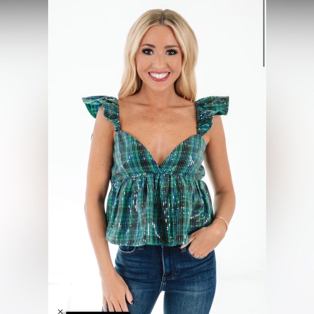 Day+Moon Always Merry And Bright Green Sequined Plaid Peplum Top NWT